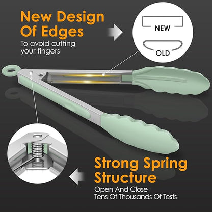 Hotec Premium Stainless Steel Locking Kitchen Tongs with Silicon Tips, Set of 2-9" and 12" Light Green