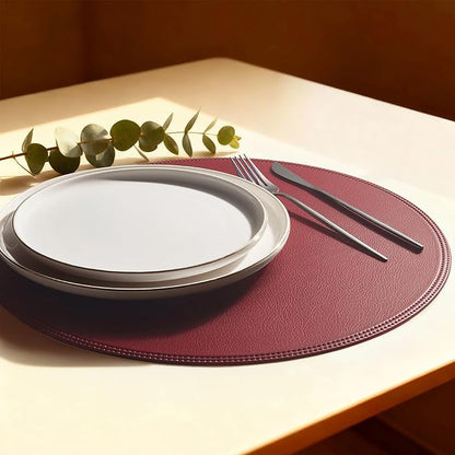 Round Vinyl Burgundy Placemats Set of 6, Faux Leather Waterproof Wipeable Heat Resistant Place Mats, Washable Table Mats for Halloween, Thanksgiving & Christmas Dinner(Burgundy)