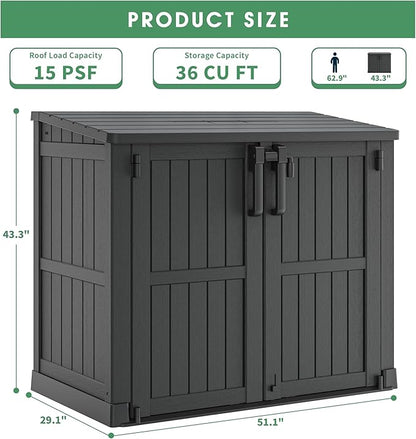Outdoor Horizontal Resin Storage Shed,Portable Outdoor Storage Cabinet 36 Cu Ft with Lockable Doors -Waterproof Storage Box for Backyards,Easy to Assemble Black