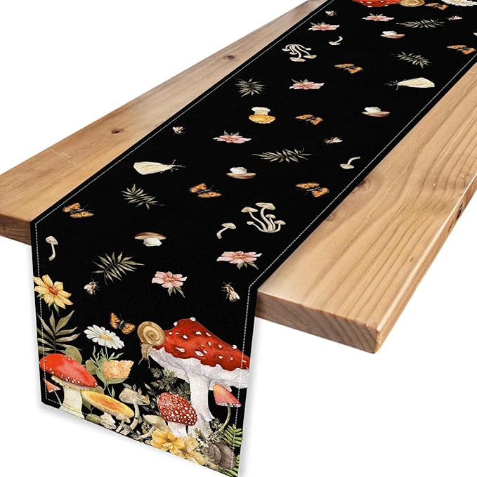 Mushroom Table Runner, Rustic Farmhouse Forest PlantsBotanical Wildfloral Coffee Table Center Decor for Home Kitchen Dining Patio Holiday Party Indoor Outdoor Table Decorations, 13"x72" Inch