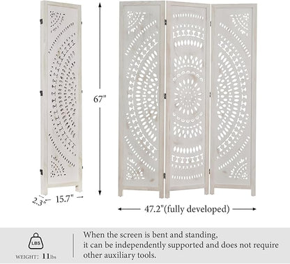 Room Divider Wood Carved Wall Divider Indoor Folding Bohemian Style Portable Partition Screen for Home Office Garden Terrace - 3 Panels (Antique, White-Washed)