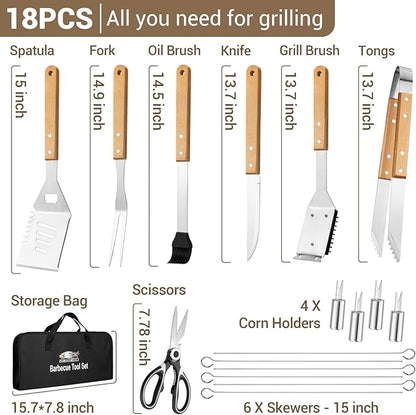 18pcs Wooden Grill Tool Set, BBQ Accessories Heavy Duty Stainless Steel Grill Utensils Set with Carry Bag Spatula, Fork, Tongs & Cleaning Brush and More Grilling Gifts for Christmas Men, Father’s Day