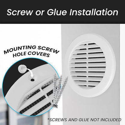 Repa Market 4 Inch (Opening) White Round Air Vent Cover - Pack of 5 Plastic Fresh Air Intake Vent - Grill Cover with Nylon Mesh Screen - Wall or Ceiling HVAC Return Air Register - Modern Soffit Vents