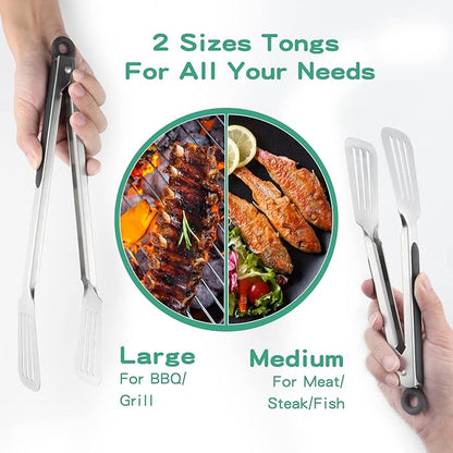 Metal Tongs for Cooking, Set of 2 Stainless Steel Spatula Tongs for Grilling, Cooking and Flipping, Strong Grip for Ribs, Steak and Fish, Comfortable Grip, Easy Pull Lock, 9 inch & 12 inch