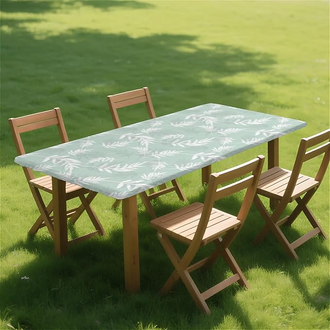 Rectangle Table Cloth Cover Waterproof Elastic Fitted Polyester Fitted Tablecloths for 6 Foot Tables for Indoor,Picnic, Camping, Outdoor （60" x 30"，Palm Leaf）