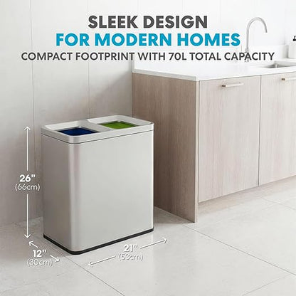 70 Liter / 18.5 Gallon Rectangular Open Top Dual Compartment Recycling Trash Can, Stainless Steel (40L x 30L Capacity) Ideal for Restaurants, Coffee Shops, Gym and Households