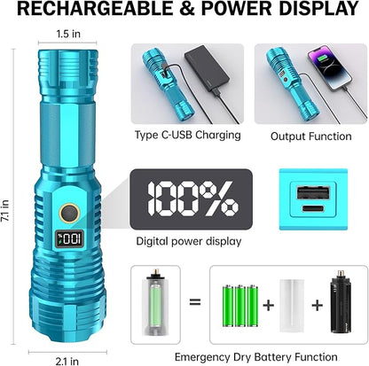Flashlights High Lumens Rechargeable, LED Super Bright Flash Light Long Beam, Zoomable Linternas with LCD Digital Display, 5 Mode, Waterproof, Powerful Tactical Flashlight for Emergencies Camping Gift