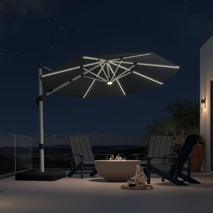 PURPLE LEAF Cantilever Patio Umbrella 10ft Round Solar LED Light, Stays bright by PURPLELEAF
