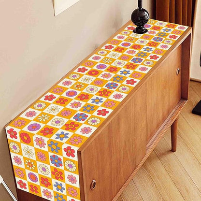 70s Table Runner, Retro Groovy Hippie Daisy Floral Colorful Checkered Funky Trippy Coffee Table Center Decor for Home Kitchen Dining Patio Holiday Party Indoor Outdoor Table Decorations, 13"x72" Inch