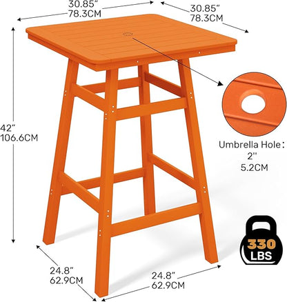 Costaelm Outdoor Bar Table, 42" Counter Height Square Patio Cocktail Bar Table with Umbrella Hole, Patio Bistro Dining Pub Table for Front Porch Deck Backyard Garden, Orange