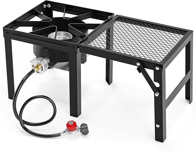 Bonnlo Single Burner Propane Stove with Foldable Side Shelf, 75000BTU Portable Propane Burner with Adjustment Regulator, Gas Stove for Outdoor Camping Patio Cooking Turkey Frying Seafood Boiling