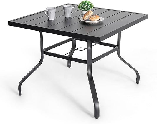 NUU GARDEN 37" Outdoor Patio Table, 4 Person Steel Slat Square Dining Table with 1.57" Umbrella Hole, Slatted Top and Powder Coated Iron Frame for Patio, Garden and Balcony, Black