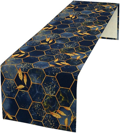 Marble Table Runner, Dark Blue Gold Modern Marble Leaf Aesthetic Geometric Table Runner for Indoor Home Living Room Party Dining Kitchen 13x120in