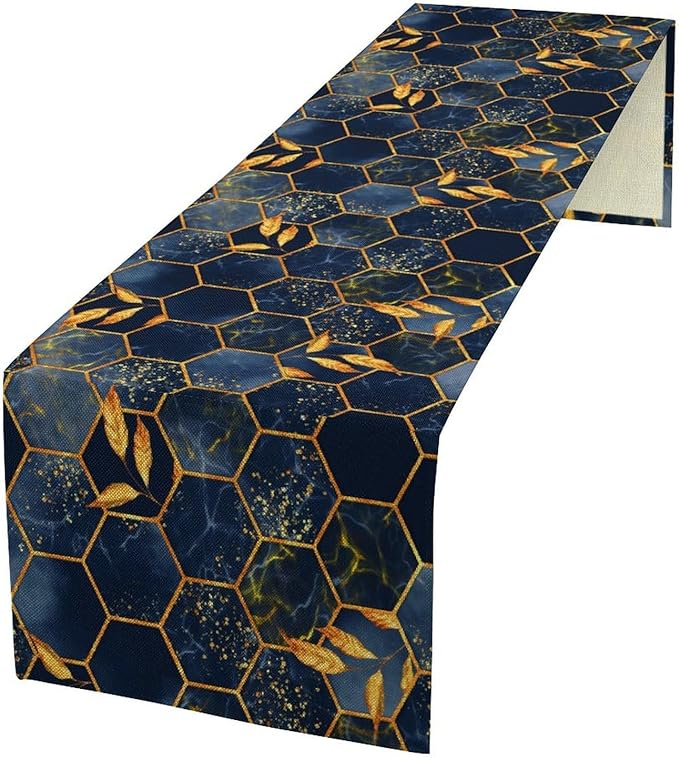 Marble Table Runner, Dark Blue Gold Modern Marble Leaf Aesthetic Geometric Table Runner for Indoor Home Living Room Party Dining Kitchen 13x60in