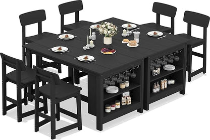 SERWALL 8-Piece Counter Height DiningTable Sets with Storage and Wine Rack, HDPE 2 Rectangular Bar Table with Bar Stools Set of 6 for Garden, Backyard, Kitchen, Black