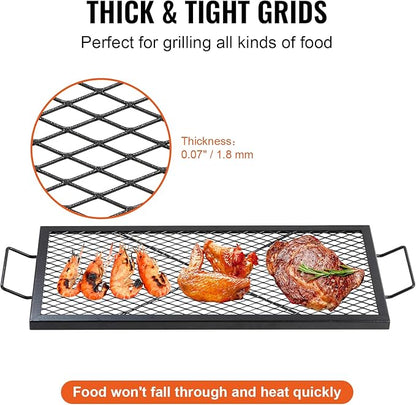 VEVOR X-Marks Fire Pit Grill Grate, Rectangle Cooking Grate, Heavy Duty Steel Campfire BBQ Grill Grid with Handle & Support X Wire, Portable Camping Cookware for Outside Party Gathering, 32 Inch Black