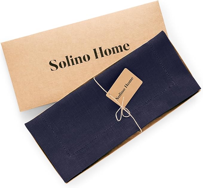 Solino Home Linen Table Runner 120 Inches Long - 100% Pure Linen Navy Blue Table Runner 14 x 120 Inch for Winter - Medium Weight Hemstitch