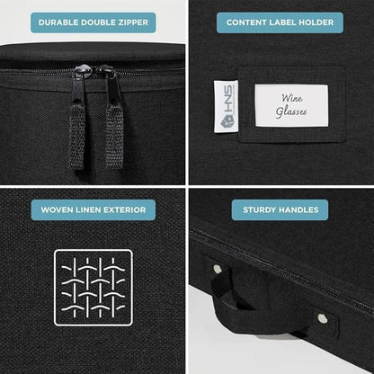 China Storage Hard Shell Containers 12-Piece Set Moving Boxes for Dinnerware, Glasses, Plates, Mugs and Saucers Sturdy Dish Organizer with Dividers for Seasonal Storage - Service for 12 - Black