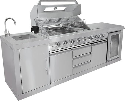 CT Copper Tailor 6-Burner Outdoor Kitchen BBQ Grill Island 99,000 BTUs with Sink, Fridge, Rear Burner, Side Burner, Storage Cabinets & Drawers, Cover, Stainless Steel with Natural Gas Kit)