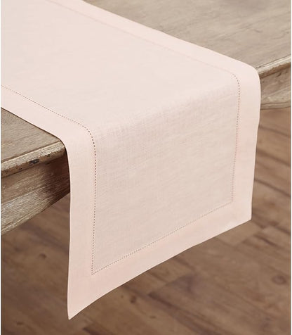 Solino Home Linen Pink Table Runner 60 Inches - Classic Hemstitch, 100% Pure Linen Coffee Table Runner 14 x 60 Inch Ideal for Dresser Tables - Valentines, Spring, Easter