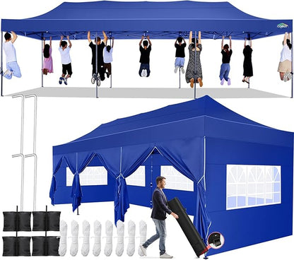 COBIZI 10x30 Pop up Canopy Tent 10x30 Canopy with Sidewall Waterproof Heavy Duty Commercial for Parties Outdoor Garden Gazebo Tent, Carry Bag with Wheel(10x30ft with Sidewalls,Dark Blue)