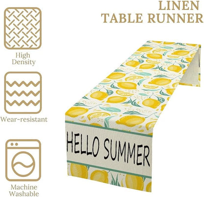 Spring Yellow Lemon Table Runner, Hello Summer Seasonal Exotic Fresh Fruits Plants Branch Leaves Print Table Cover for Farmhouse Kitchen Table Party Decor, 13x90inch