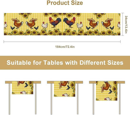 Farm Rooster Table Runner, Retro Western Farmhouse Chicken Sunflower Retro Yellow Buffalo Grid Print Table Runner for Dinning Holiday Party Indoor Outdoor Decor, 13x120inch