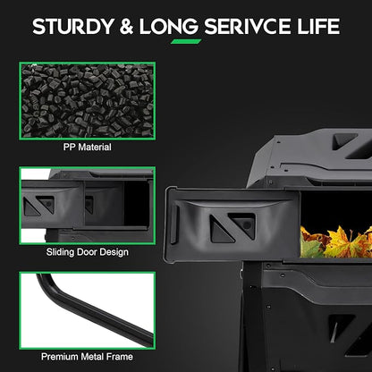 F2C Compost Bin Outdoor 43 Gallon Garden Dual Chamber Composter Bin - Bundled with Pearson's Gardening Gloves，BPA Free, Heavy-Duty Steel Frame, Rotating Tumbler with Sliding Doors | (Black)