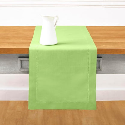 Solino Home Cotton Linen Table Runner 120 Inches Long - Hemstitch Apple Green Dining Table Runner 14 x 120 Inch for Spring, St Patricks Day, Easter