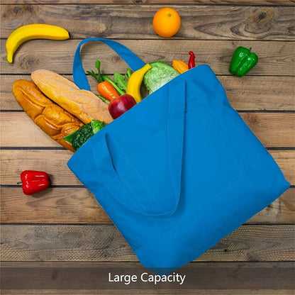 TOPDesign 3-Pack Canvas Tote Bags with an External Pocket, Reusable Grocery Shopping Bags, Top Zipper Closure, Daily Essentials (Ocean Blue)