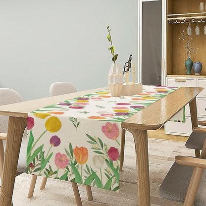 Tulips Spring Table Runner, Rustic Farmhouse Watercolor Botanical Colorful Tulips Olive Leaves Summer Garden Table Cover For Kitchen Dinning Table Indoor Outdoor Party Wedding Decor, 13x60inch
