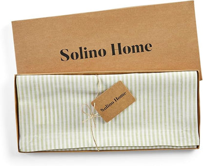 Solino Home Linen Table Runner 108 Inches Long - Narrow Stripe, 100% Pure Linen Sage and White Table Runner 14 x 108 Inch for Dining, Spring, St Patricks Day, Easter