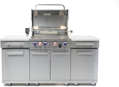Mont Alpi MA-957RS Propane Natural Gas 5-Burner Compact Outdoor Kitchen Gas Barbecue Grill Island in Stainless Steel with Infrared Rear Burner + Storage Cabinets + Rotisserie Kit & Full Weather Cover