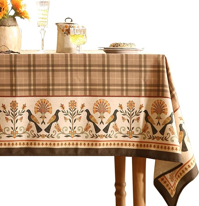 Vintage Brown Checkered Long Rectangle Tablecloth,Italian Floral Linen Wrinkle Free Table Cloth,Decor Table Cover for Kitchen,Dining,Thanksgiving,Christmas,Party,63"*94"-Seville
