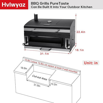 29 In Built-in Barbecue Grill, Charcoal bbq Grills with Liftable Tray, Insulated Hood & Temperature Gauge, Stainless Steel BBQ Barrel for Outdoor Kitchen, Camping, and Park – Black