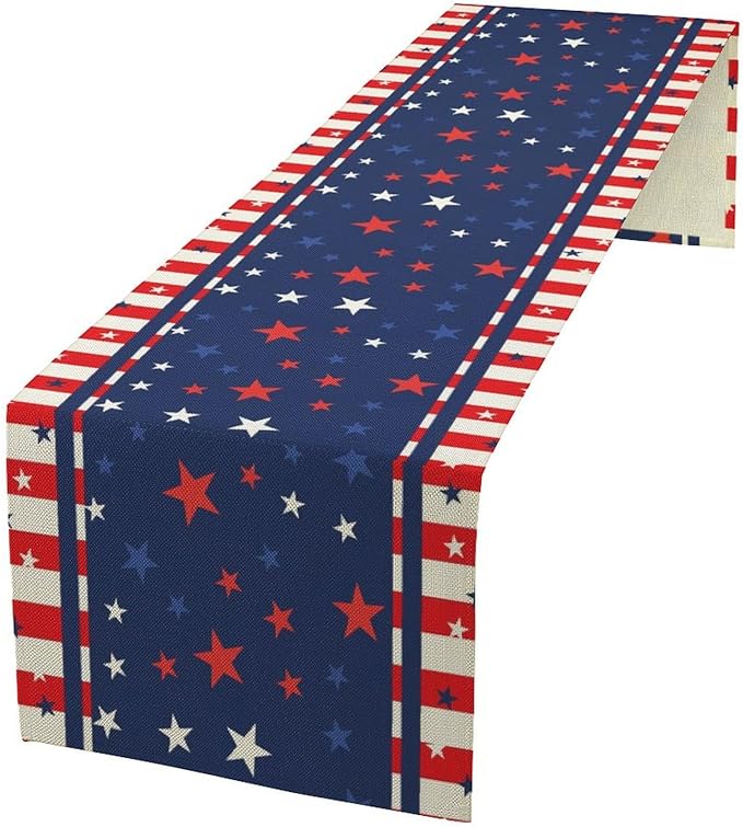 4th of July Table Runner, America Stars Stripes Patriotic Independence Memorial Day Table Runner for Kitchen Dining Home Party Holiday 13x36in