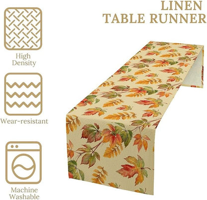 Fall Table Runner, Autumn Orange Yellow Maple Leaves Rustic Thanksgiving Farmhouse Table Cover for Kitchen Dinning Table Indoor Outdoor Party Decor, 13x36inch