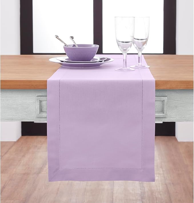 Solino Home Table Runner 90 Inches Long - Cotton Linen Hemstitch Lavender Ice Table Runner 14 x 90 Inch for Valentines, Spring, Easter