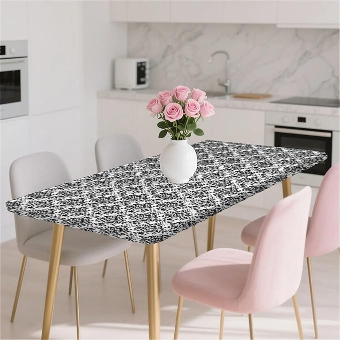 Rectangle Table Cloth Cover Waterproof Elastic Fitted Polyester Fitted Tablecloths for 8 Foot Tables for Indoor,Picnic, Camping, Outdoor （96" x 30"，Flower Geometry）