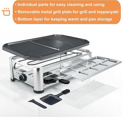 TAMARIT Raclette Cheese Table Grill Portable Electric Indoor Korean BBQ Griddle 1400 W Raclette Party Grill with Iron Nonstick Extra Large Cooking Plate for Home Party, Stainless Steel