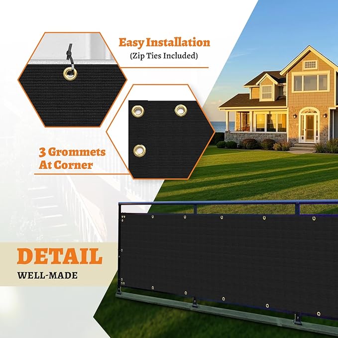 2.5' x 56' Balcony Privacy Screen Fence Cover with Zip Ties Grommets for Apartment Patio Porch Deck Backyard Outdoor (Black)
