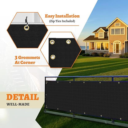 2.5' x 47' Balcony Privacy Screen Fence Cover with Zip Ties Grommets for Apartment Patio Porch Deck Backyard Outdoor (Black)