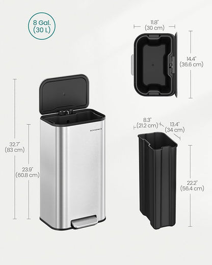 SONGMICS Kitchen Trash Can, 8-Gallon (30 L) Garbage Can with Lid, Stainless Steel, Soft Close and Stays Open, Inner Bucket, Wide Non-Slip Pedal, Metallic Silver ULTB546E01