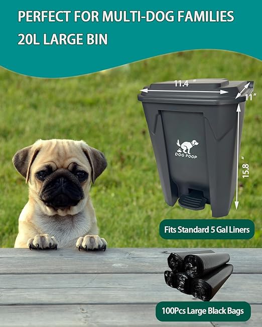 Large Dog Poop Trash Can Outdoor 20L / 5.3 Gallon - Waterproof Pet Waste Station with Foot Pedal, Removable Inner Bucket & 100 Bags for Backyard Garden Odor Control