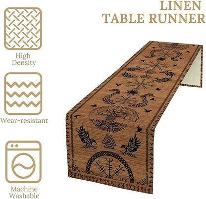 Viking Table Runners, Viking Tree of Life Raven Helmet of Awe Wood Print Table Runner for Home Kitchen Coffee Dining Room Bedroom Party 13x36in