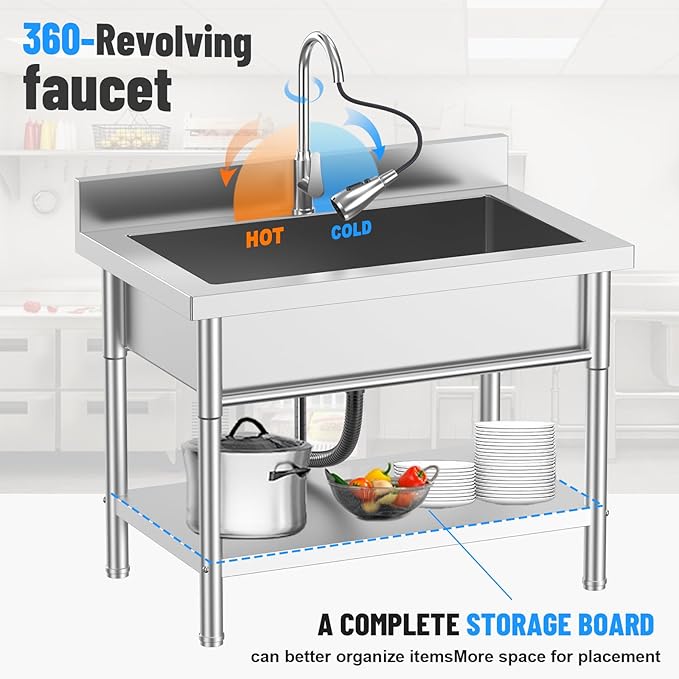 40Inch Stainless Steel Utility Sink,Free Standing Single Bowl Kitchen Sink with Left Right, Cold and Hot Water Pipe, Indoor and Outdoor for Laundry Room Farmhouse Kitchen