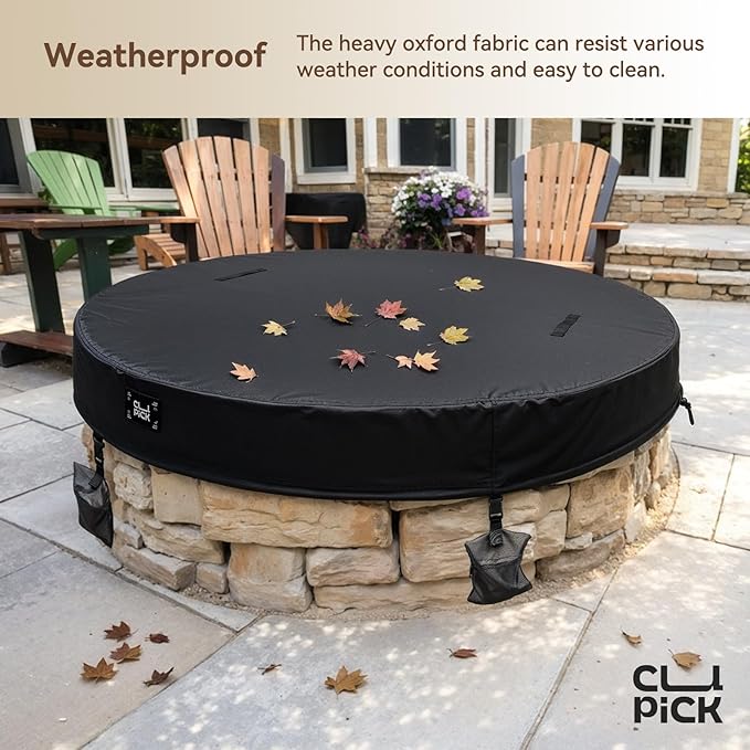 Outdoor Fire Pit Cover,In Ground Firepit Covers Round with Sandbag,600D Heavy Duty Waterproof and Tear-Resistant,Windproof,Suitable for 46-51 Inch Round Built in Stone Firepits,Black