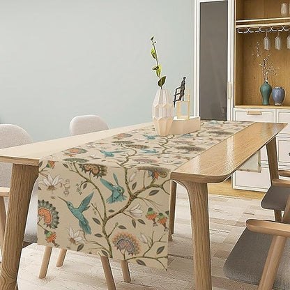 Floral Bird Table Runner,Vintage Boho Flower Birds Print William Morris Style Table Runner for Kitchen Dining Table Holiday Home Party Decor 13x60in