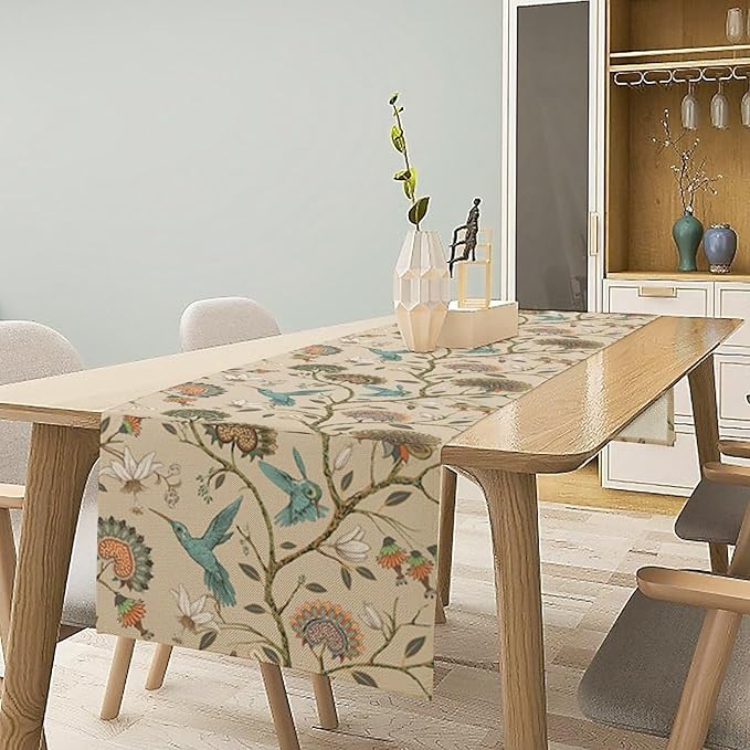 Floral Bird Table Runner,Vintage Boho Flower Birds Print William Morris Style Table Runner for Kitchen Dining Table Holiday Home Party Decor 13x90in