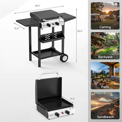 ROVSUN 2 Burner Portable Propane Griddle with Enameled Tray & Lid, 20000 BTU Rolling Flat Top Gas Grill with Electronic Ignition, Side Shelves & Regulator for Outdoor Cooking Camping BBQ Tailgating